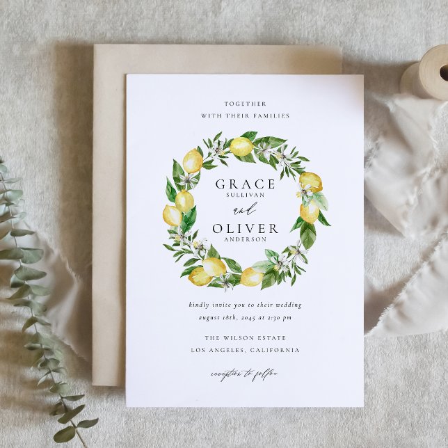 Invitation Mariage de jardin de germination et de citron bota (Botanical Lemon and Greenery Wreath Garden Wedding Invitation)