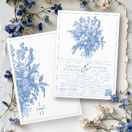 Invitation Mariage de jardin élégant floral vintage bleu et b