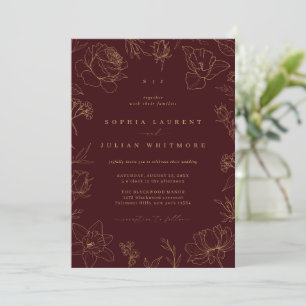 Invitation Mariage de jardin floral bordeaux et or de style v