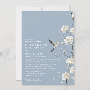 Invitation Mariage de jardin floral chinoiserie bleu poussiér