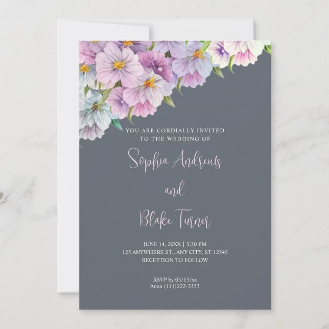 Invitation Mariage de jardin gris Fleur sauvage violet et ble (Devant)