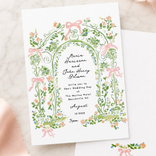 Invitation Mariage de jardin rococo aquarelle vert sauge et r