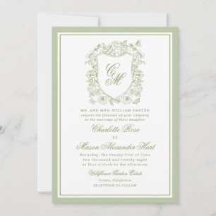 Invitation Mariage de Jardin Vert Sauge Monogramme Blason