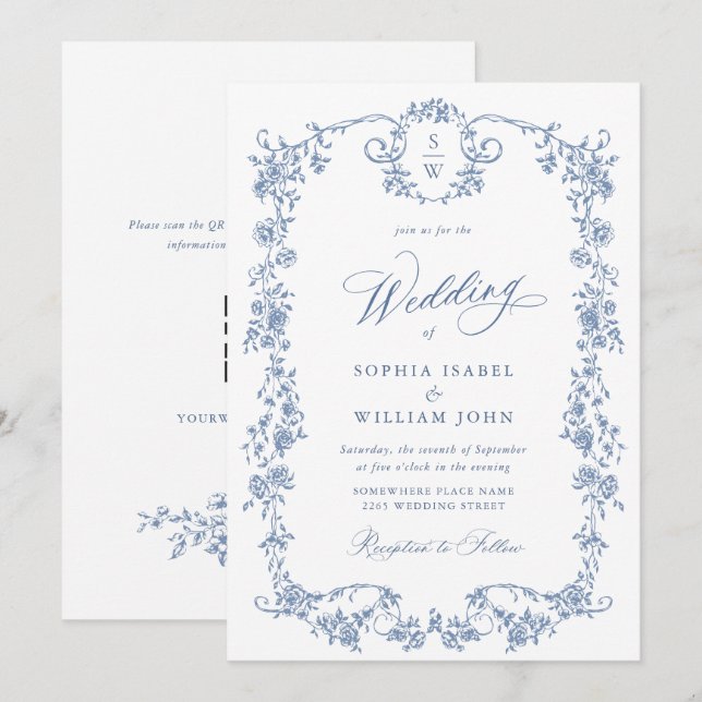 Invitation Mariage de jardin victorien Dusty Blue (Devant / Derrière)