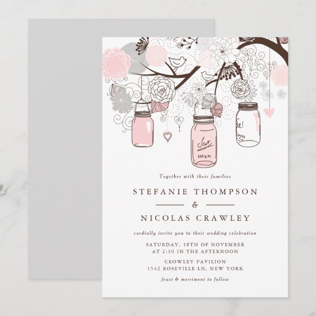 Invitation Mariage de jarres Mason à pendaison rose et gris (Devant / Derrière)