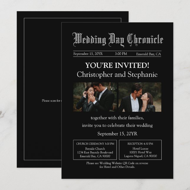 Invitation Mariage de journal moderne Black Two Photo QR Code (Devant / Derrière)