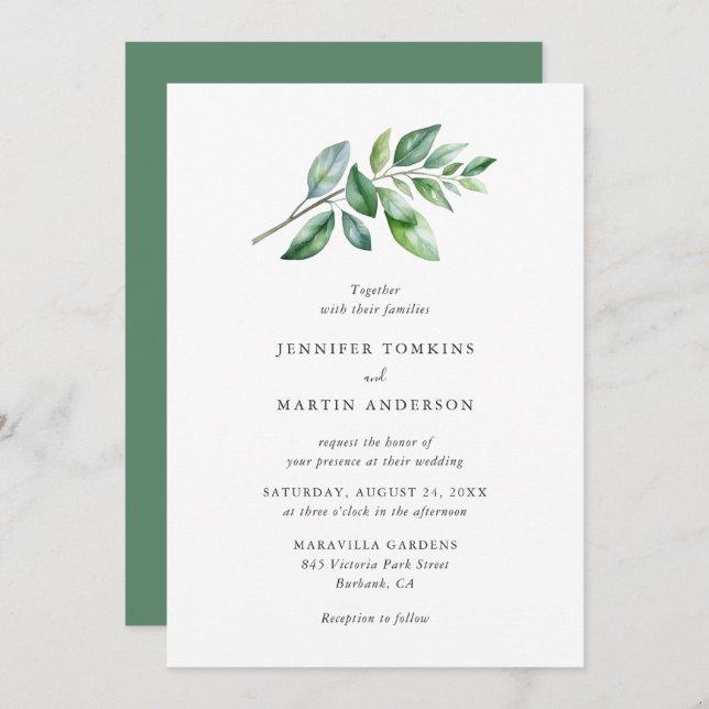 Invitation Mariage de la branche de verdure de l'aquarelle si (Devant / Derrière)