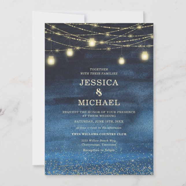 Invitation Mariage de la chaîne d'or bleu marine (Devant)