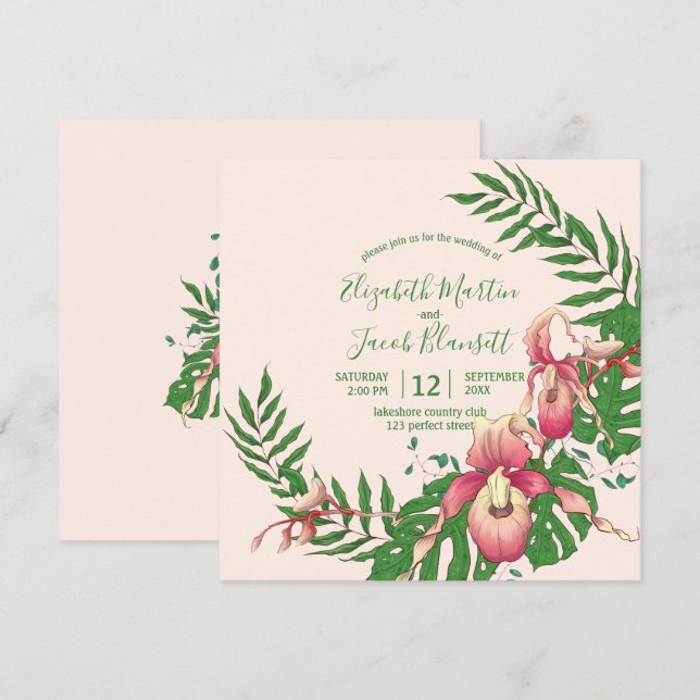 Invitation Mariage de la couronne de fleurs de l'orchidée ros (Devant / Derrière)