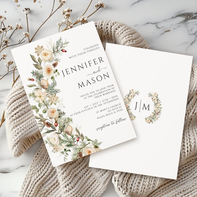 Invitation Mariage de la couronne d'hiver Gold Green Floral (Créateur téléchargé)