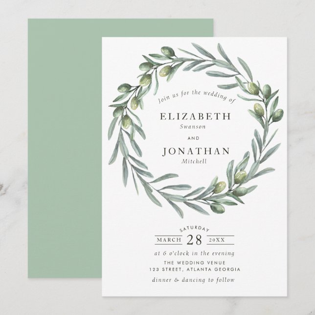 Invitation mariage de la couronne d'olivier couleur de l'eau (Devant / Derrière)