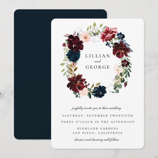 Invitation Mariage de la couronne florale de la marine bordea (Devant / Derrière)