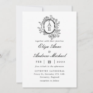 Invitation Mariage de la crête de monogramme royal noir et bl