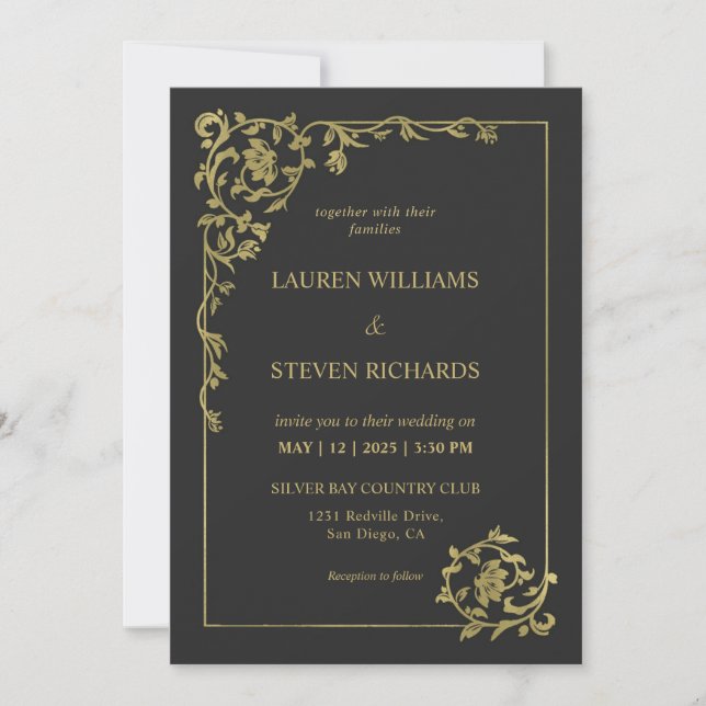 Invitation Mariage de la décoration royale d'or noir personna (Devant)