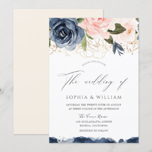 Invitation Mariage de la feuille d'or Marine & Blush