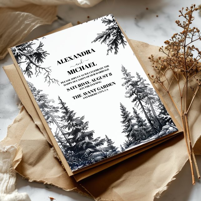 Invitation Mariage de la Forêt de Montagne Rustique Noir Blan (Créateur téléchargé)