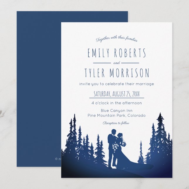 Invitation Mariage de la forêt de pins rustiques - Bleu © (Devant / Derrière)