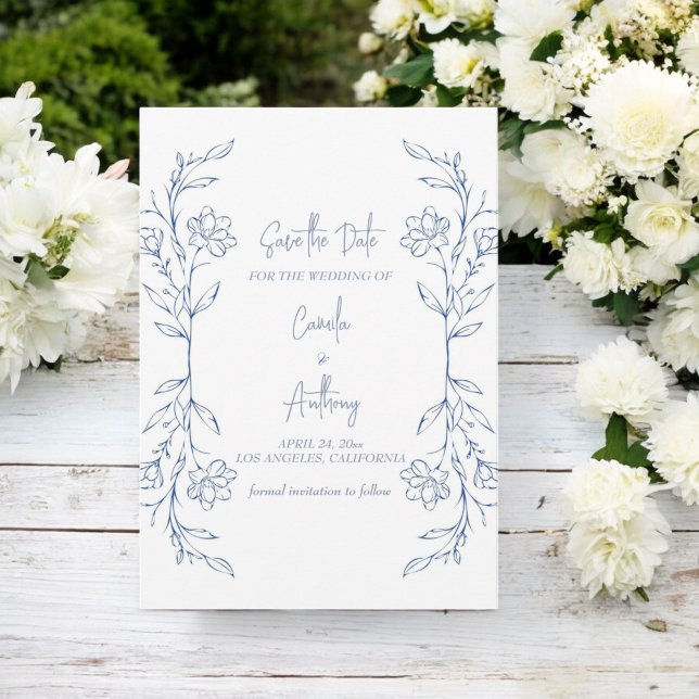 Invitation Mariage de la frontière côté Boho floral bleu (Créateur téléchargé)