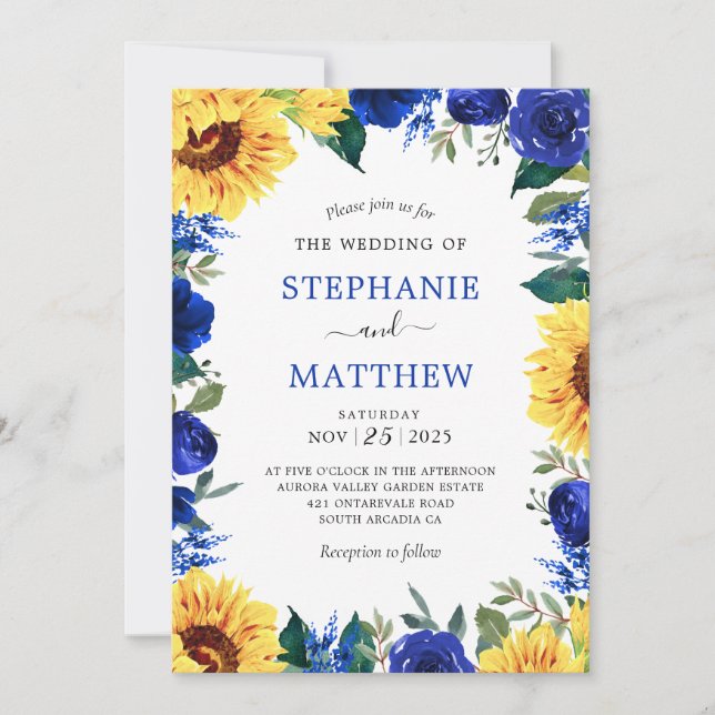 Invitation Mariage de la frontière florale bleu tournesol (Devant)