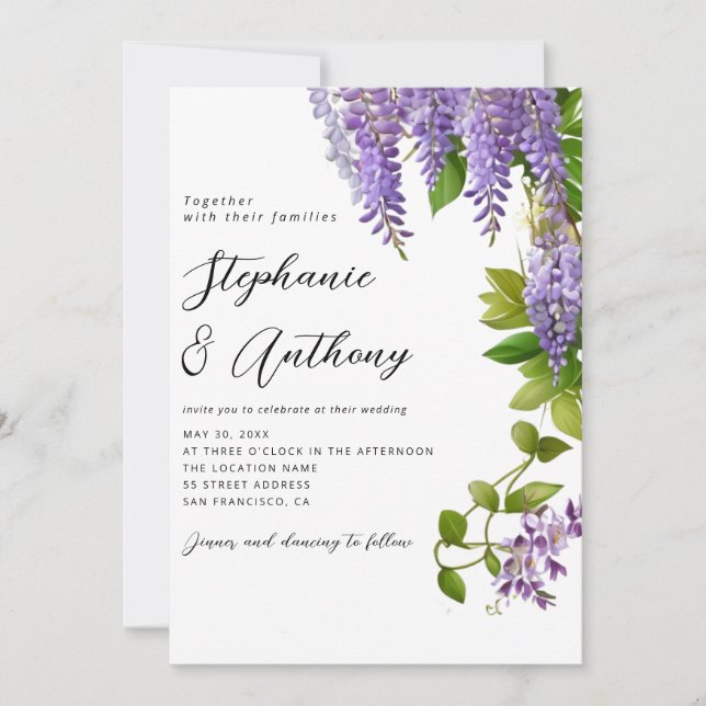 Invitation Mariage de la glycine violette à pendaison botaniq (Devant)
