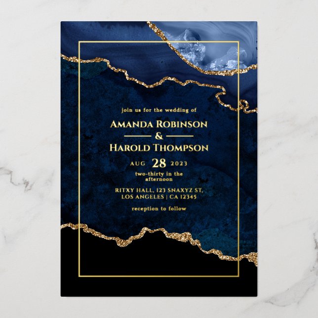 Invitation Mariage de la marée bleue et or (Recto)