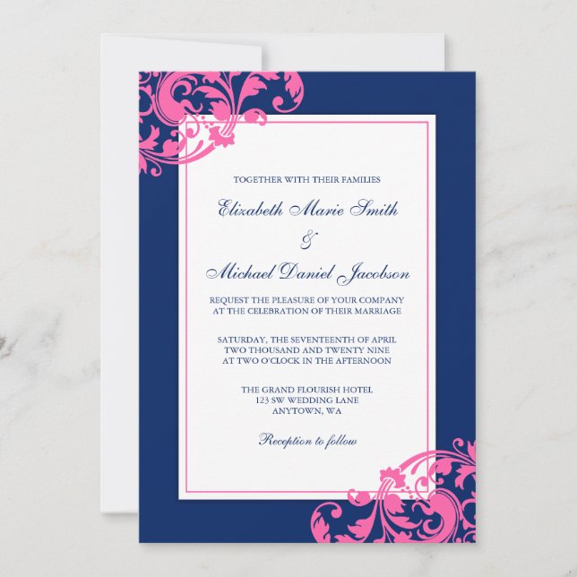 Invitation Mariage de la Marine à fleurs bleues et roses (Devant)
