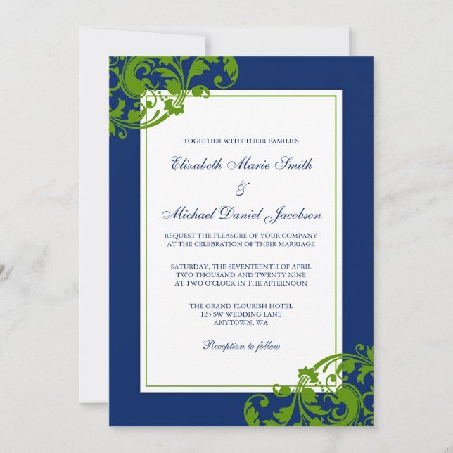 Invitation Mariage de la Marine à fleurs bleues et vertes (Devant)