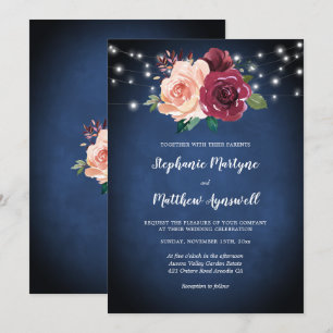 Invitation Mariage de la marine Bleu Bourgogne Blush Floral L