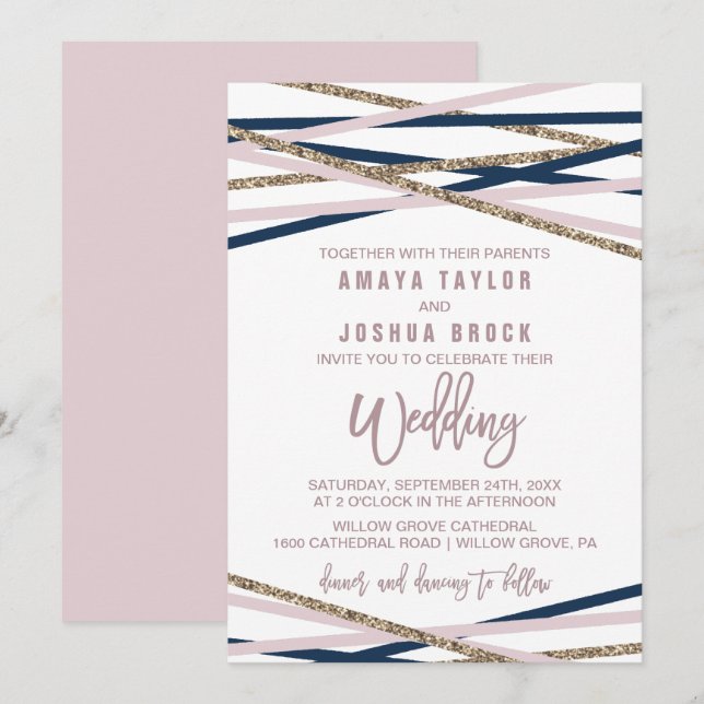 Invitation Mariage de la marine Blush et Gold Streamers (Devant / Derrière)