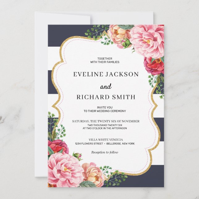Invitation mariage de la marine bohémienne des pérémonies flo (Devant)