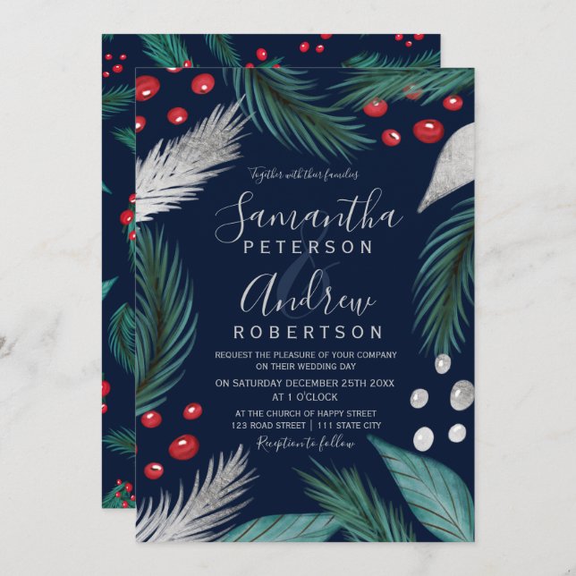 Invitation Mariage de la marine de Noël pin mistletoe argent (Devant / Derrière)