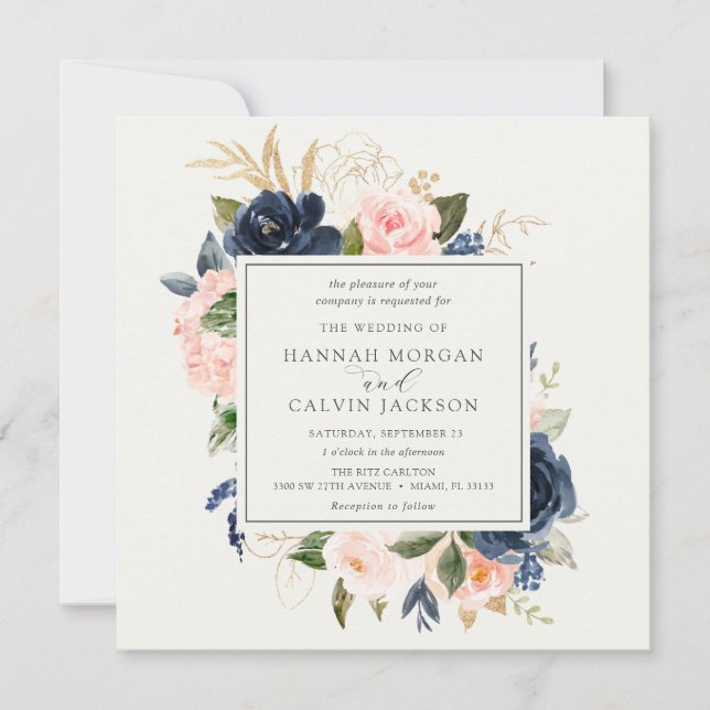 Invitation Mariage de la marine et de la flore blush (Devant)