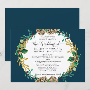 Invitation Mariage de la Marine Gold Christmas Pine Cone