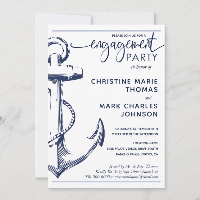 Invitation Mariage de la partie d'engagement Ancre nautique (Devant)