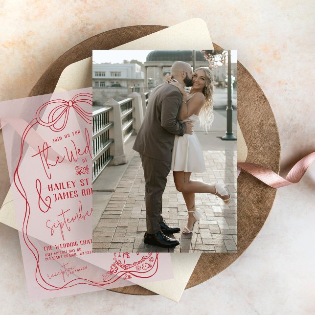 Invitation Mariage de la photo sous-couche de la main moderne (Simple wedding invitation photo underlay card for modern whimsical pink and red bow vellum overlay)