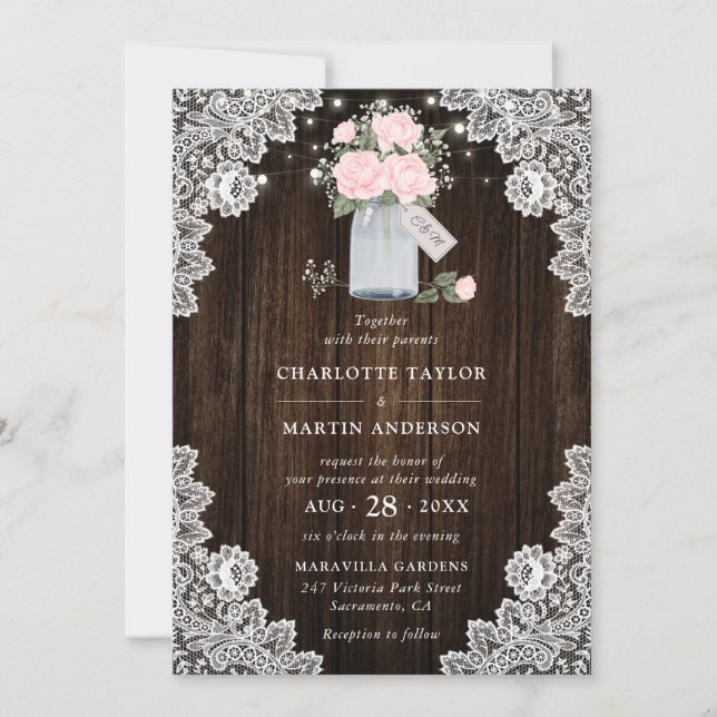 Invitation Mariage de la respiration du Rose roux en dentelle (Devant)