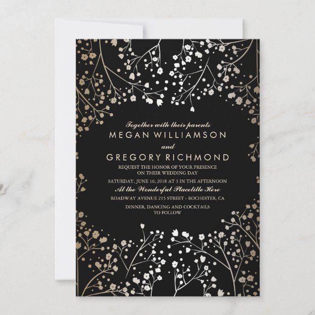 Invitation Mariage de la respiration pour bébé noir et or (Devant)