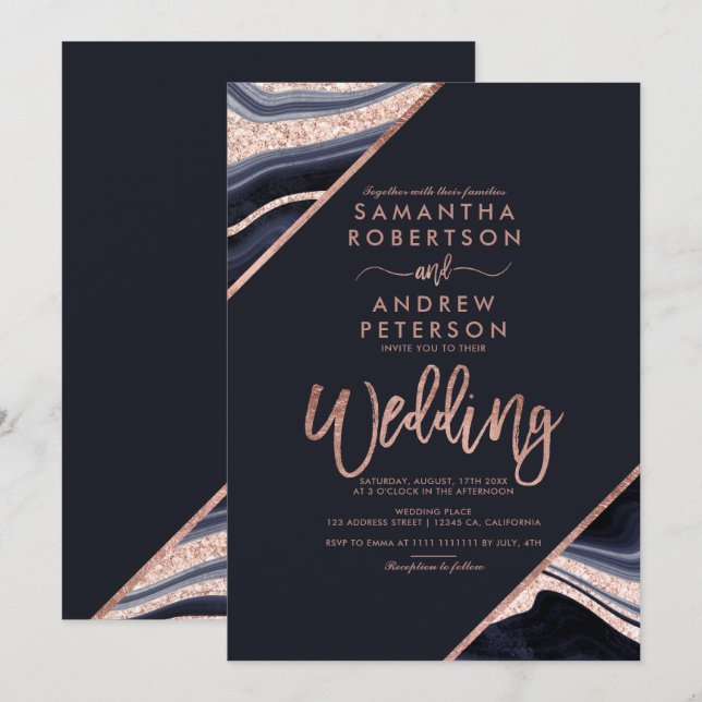 Invitation mariage de la typographie Rose de la parties scint (Devant / Derrière)