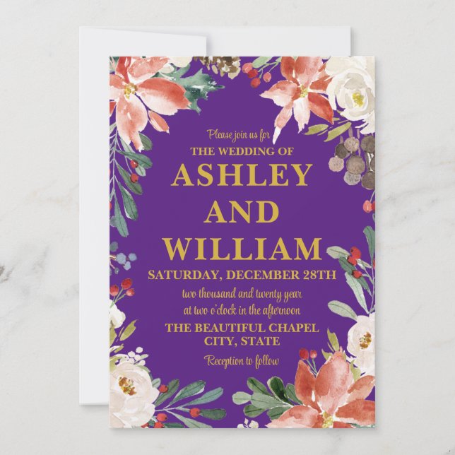 Invitation Mariage de la verdure hivernale de Noël violet et  (Devant)