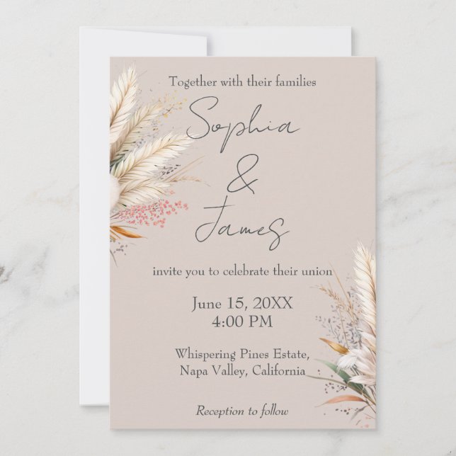 Invitation Mariage de laiton de Pampas Boho Taupe clair (Devant)