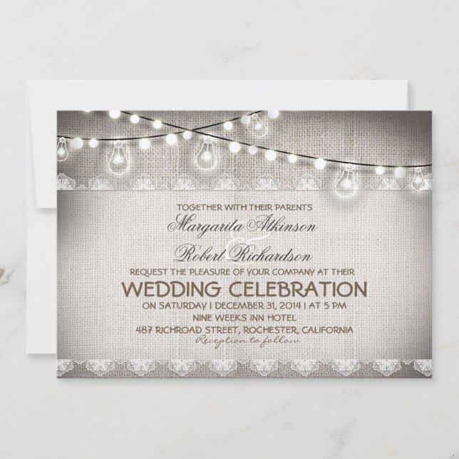 Invitation mariage de lampes et ampoules en dentelle (Devant)