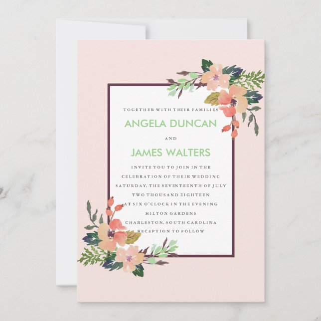 Invitation Mariage de l'angle floral aquarelle (Devant)