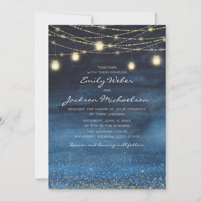 Invitation Mariage de lanterne Parties scintillant bleu or (Devant)
