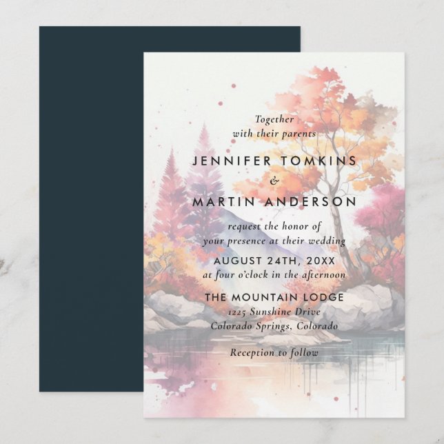 Invitation Mariage de l'aquarelle des arbres du lac Fall Moun (Devant / Derrière)