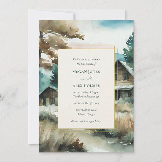 Invitation Mariage de l'aquarelle des pins de bois (Devant)