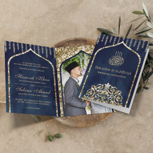 Invitation Mariage de l'Arche islamique Vintage or bleu marin