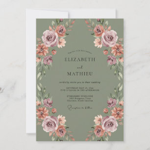 Invitation Mariage de l'automne floral vert sauge et mauve