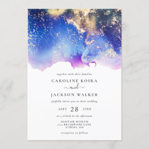 Invitation Mariage de lavage d'encre couleur or bleu violet