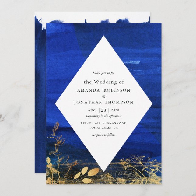 Invitation Mariage de lavage marine bleu et blanc (Devant / Derrière)