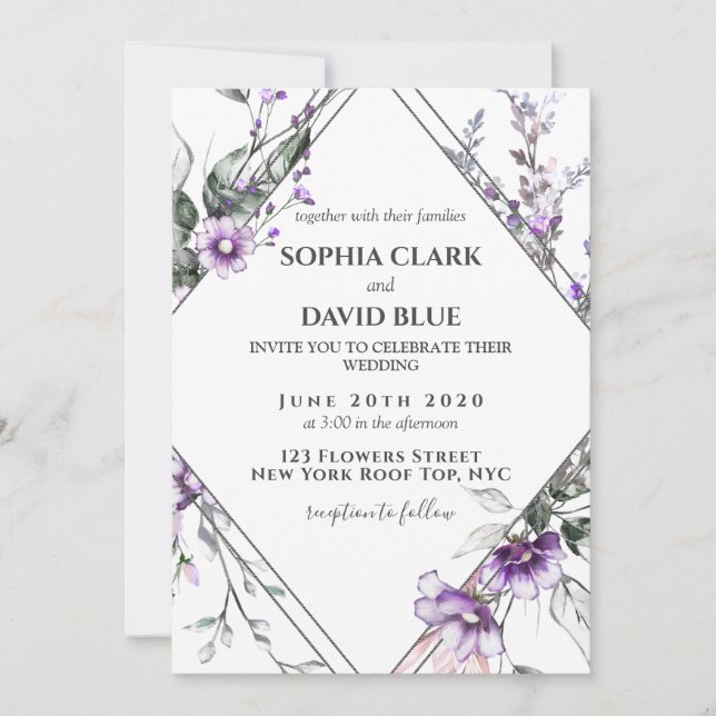 Invitation Mariage de lavande violet à cadre fleuri (Devant)